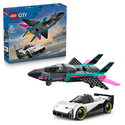 LEGO® City Straalvliegtuig vs. Sportauto - Racespeelset met Straalvliegtuig en Sportauto voor Jongens en Meisjes Vanaf 6 Jaar die van Snelheid Houden - Minifiguren van een Coureur en Piloot - Klein Cadeautje voor een Kinderverjaardag - 60489