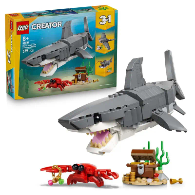 LEGO® Creator 3in1 Woeste Haai met Schatkist - Zeedierenspeelgoed - Set met 3 Bouwmogelijkheden, Haai, Lantaarnvis of Mantarog Figuren - Cadeau voor Kinderen Vanaf 8 Jaar - 31381