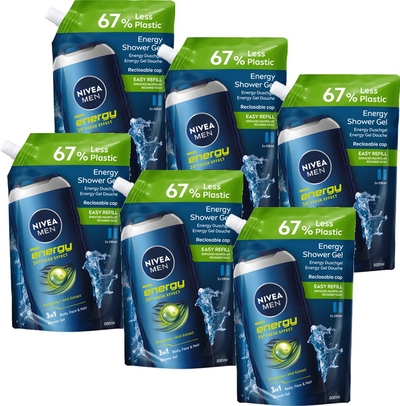 NIVEA MEN Energy 3in1 Shower Gel Refill - Shampoo - Douchegel  6x 500ml
