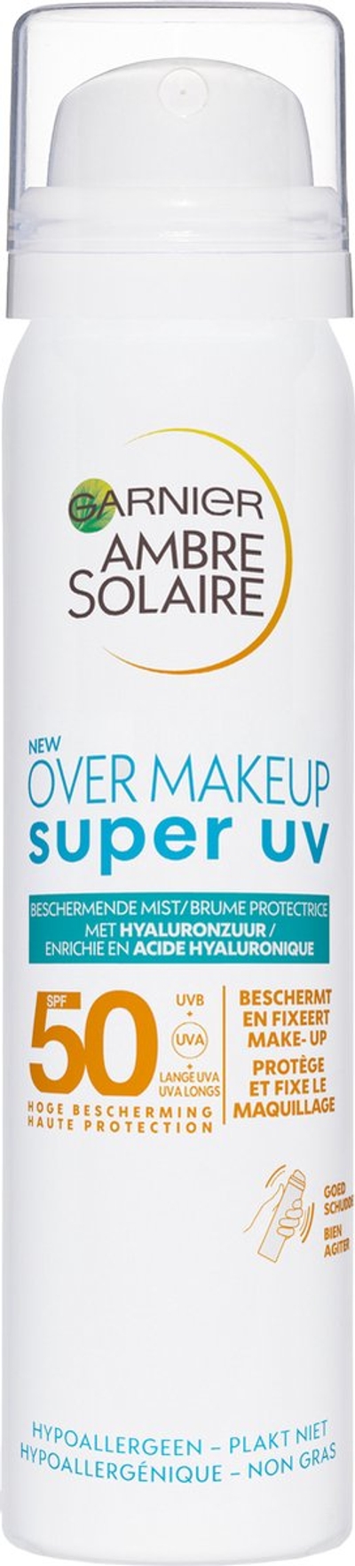Garnier Ambre Solaire Over Make-up Super UV Mist SPF50 - met Glycerine, Vitamine E en Hyaluronzuur – Beschermt & Fixeert Make-up - Skizonnebrandcreme - 75ml