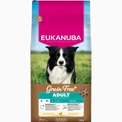 Eukanuba Grain Free Adult Small / Medium Breed Kip Hondenvoer - Dubbelpak: 2 x 12 kg - hondenbrokken