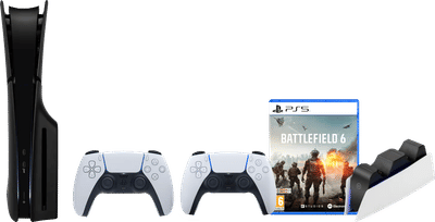 PS5 Slim Disc Edition + Battlefield 6 + Covers Zwart + Extra Controller Wit + Oplaadstation