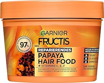 Garnier Fructis Papaya haarmasker, leave-in voor beschadigd haar en meer soepelheid, herstellend en regenererend, veganistische formule, zonder siliconen, Hair Food, 3-in-1, 400 ml