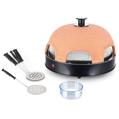 Emerio Pizzarette Origineel - 6 Persoons Pizza Oven - Handgemaakte Terracotta Koepel - 6 Geïsoleerde Bakspatels - RVS Bakplaat - Gourmetstel met Cool touch koepel - PO-115984 1200W