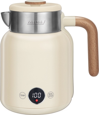 MPM Dubbelwandige Waterkoker 1.5 Liter Retro Woodlook met Temperatuur Instellingen - 2200W - Digitaal Display - RVS - Crème / Beige