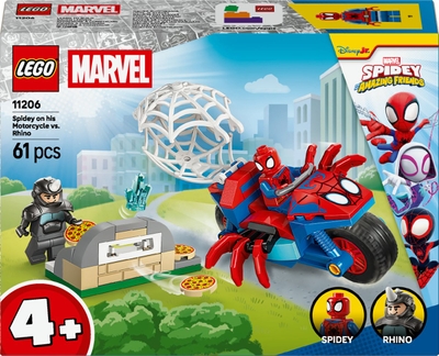 LEGO® ǀ Marvel Spidey en Zijn Geweldige Vriendjes Spidey op Zijn Motor vs. Rhino - Superheldenbouwset - Cadeau voor Kinderen Vanaf 4 Jaar - Spider-Man Bouwset met 2 Minifiguren - 11206