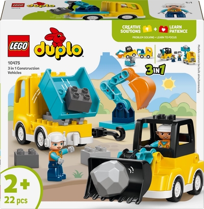LEGO® DUPLO® Town 3-in-1 Bouwvoertuigen Speelgoed - Bouwset voor Peuters met 2 Figuren en Stenen om een Graafmachine, Kiepwagen, Sleepwagen of Laadwagen te Bouwen - 10475