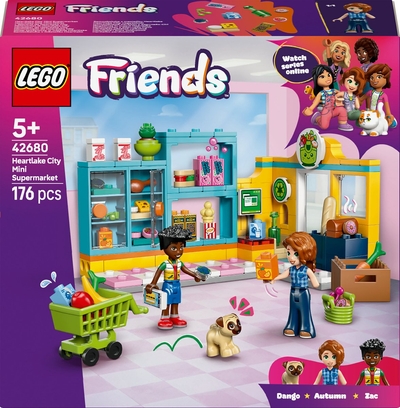 LEGO® Friends Heartlake City Buurtsupermarkt - Speelgoedwinkel voor Kinderen - 2 Minipoppetjes en Speelgoedhond, Winkelwagentje en Boodschappen - Cadeau voor Meisjes en Jongens Vanaf 5 Jaar - 42680