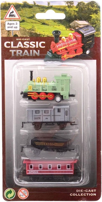 Diecast locomotief met drie wagons. 3+