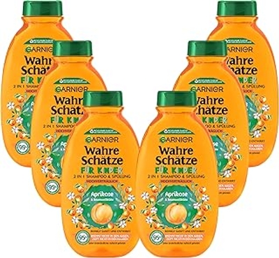 Garnier Shampoo voor kinderen, milde 2-in-1 verzorgende shampoo voor gevoelig haar en gemakkelijk te kammen, met abrikoos en katoenbloesem, 6 x 250 ml