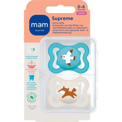 MAM Supreme Silikon Fopspeen 0-6 mnd Blauw - 2 stuks