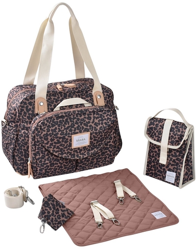 Béaba Genève II Verzorgingstas – 23L Luiertas met Wandelwagenbevestiging – Isothermisch Tasje, Verschoonmat & Fopspeenhouder – Limited Edition Leopard