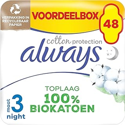 Always Cotton Protection Ultra Night maat 3 Maandverband Met Vleugels 48 Stuks, Toplaag Uit 100% Biologisch Katoen