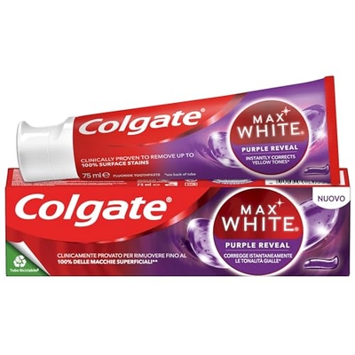 Colgate Max White Purple Reveal Tandpasta, 12 stuks x 75 ml, tandbleekmiddel met optische kleurcorrectietechnologie, corrigeert onmiddellijk de gele tinten