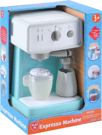 Play speelgoed espressomachine wit blauw met melkschuimer en beker.
