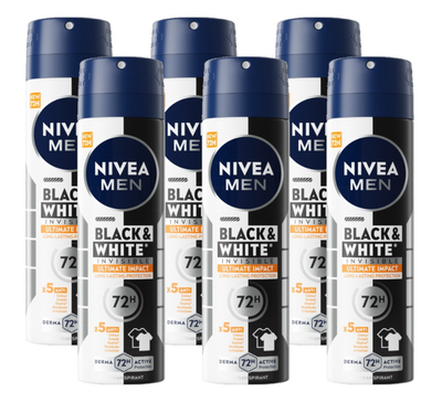 Nivea Men Black & White Invisible Ultimate Impact Deodorant Spray Voordeelverpakking 6x150 ml