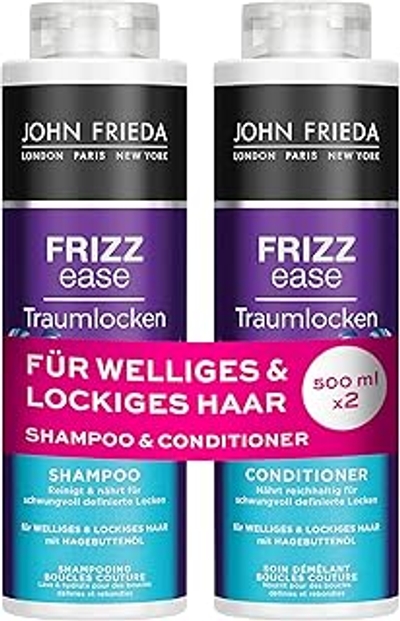 John Frieda Dream Curls Shampoo/Conditioner Voordeelset - Inhoud: 1 x shampoo 500 ml & 1 x conditioner 500 ml - navulbaar - Frizz Ease serie - voor krullend en golvend haar