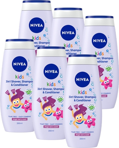 NIVEA Kids 2in1 Shower & Shampoo - Bessen geur  - 6 x 250 ml