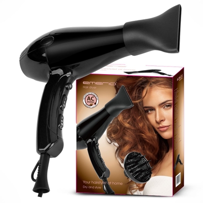 Emerio Haardroger - Föhn - 2 Snelheden - 3 Temperaturen - Cool Shot - Ionisatie Functie - Blaasmond + Difusser - 2200W - HD-122192 Zwart