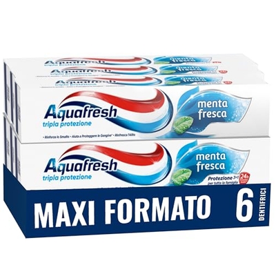 Aquafresh drievoudige bescherming, 3-in-1 tandpasta voor het hele gezin, sterke tanden, gezond tandvlees, frisse adem, frisse munt smaak, Maxi 6 stuks tandpasta pak x75 ml - 450 ml