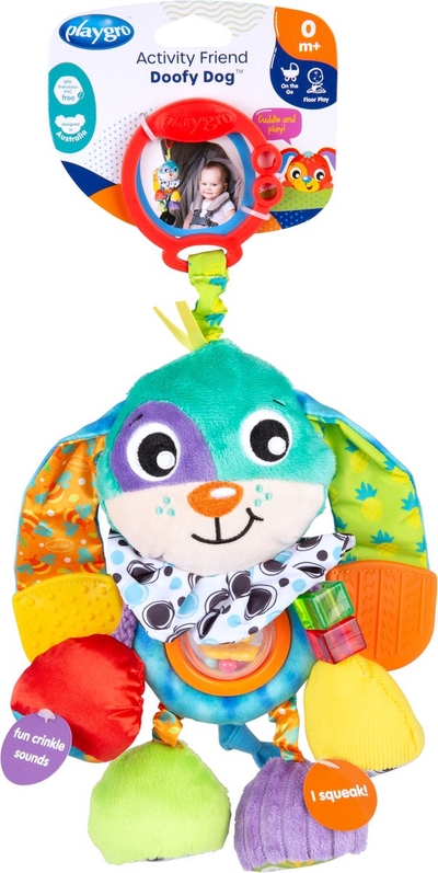 Playgro Activity Friend Doofy Dog - Hangspeeltje - Baby Speelgoed - Kinderwagenspeeltje - Rammelaar - Kinderwagenaccessoire - Buggyaccessoire - Educatief Speelgoed - Knuffeldier