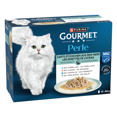 Gourmet Perle Gemengde Selectie 12 x 85 g - Malse stukjes zee in saus (4 varianten) - natvoer katten