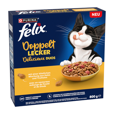 2x800g Felix Dubbel lekker Kip & Kalkoen Kattenvoer droog - kattenbrokken