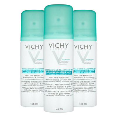 3x Vichy 48Hr Anti-Transpiratie en Anti-Witte en Gele Vlekken Deodorant Spray 125 ml