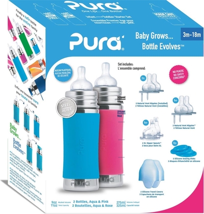 Pura Starterset 325 ml – Drinkfles voor Baby’s - Babyflessen - Plasticvrij – Anti-koliek Speen – 100% Plasticvrij - Veelzijdig - Vaatwasserbestendig - 2 Slow en Medium Flow spenen - Top is Verwisselbaar - Aqua en Roze