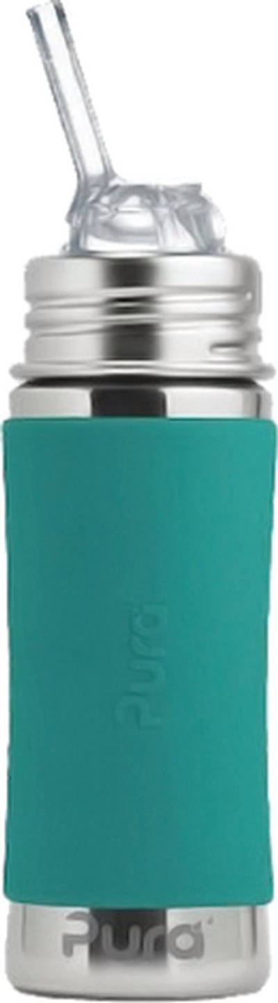 Pura Rietjesfles Free Flow 325 ml - Drinkfles - Bidon - Plasticvrij - Vaatwasserbestendig - Op 2 Manieren te Gebruiken - Medische Kwaliteit Siliconen - Inclusief Siliconen Rietje Free Flow, Reisdop en Sleeve - Top is Verwisselbaar - Veelzijdig - Mint