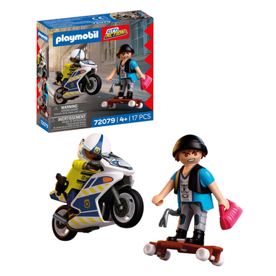 PLAYMOBIL City Action Politie Motorachtervolging | Politieagent achtervolgt dief op longboard | Stimuleert creativiteit | Kinderspeelgoed voor kinderen vanaf 4 jaar | 72079