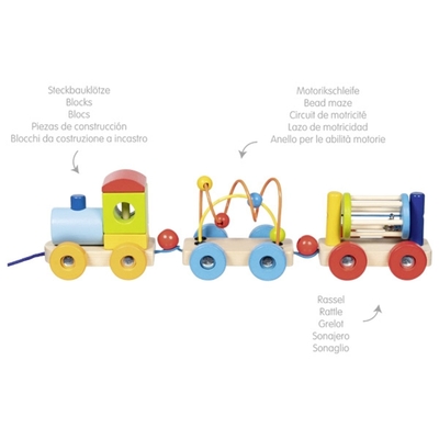 Goki Houten Trein Rio met Blokken, Kralenlabyrint, Rammelaar