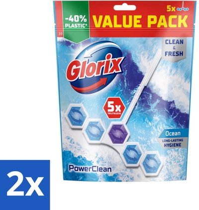 Glorix - Power Clean - Toiletblok - Ocean - Hersluitbare Verpakking - 5 Blokken  - 2 stuks