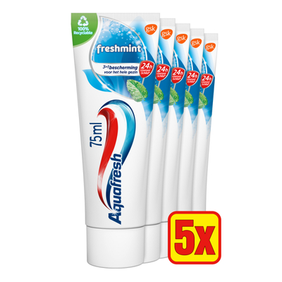 Aquafresh Freshmint 3in1 Tandpasta Voor Een Frisse Adem Voordeelverpakking 5 x 75 ML