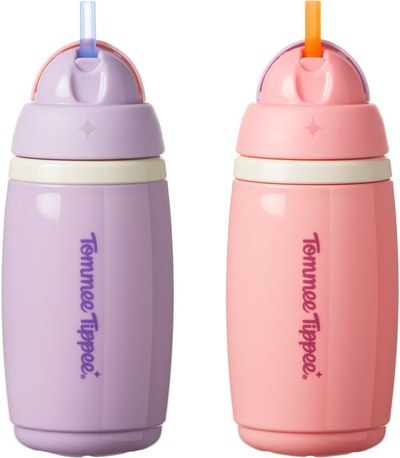 Tommee Tippee geïsoleerde Active rietjesbeker – 2 stuks – 266 ml –lekvrije waterfles voor peuters 12m+ - roze en paars