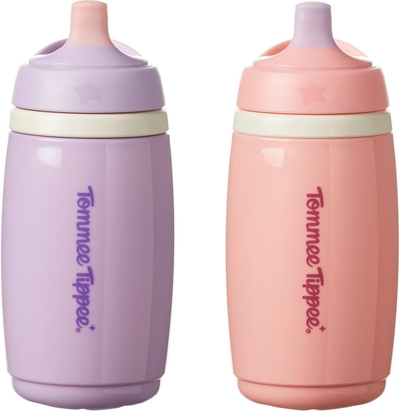 Tommee Tippee geïsoleerde Active tuitbeker – 2 stuks - 266 ml – lekvrije waterfles voor peuters 12m+ - roze en paars