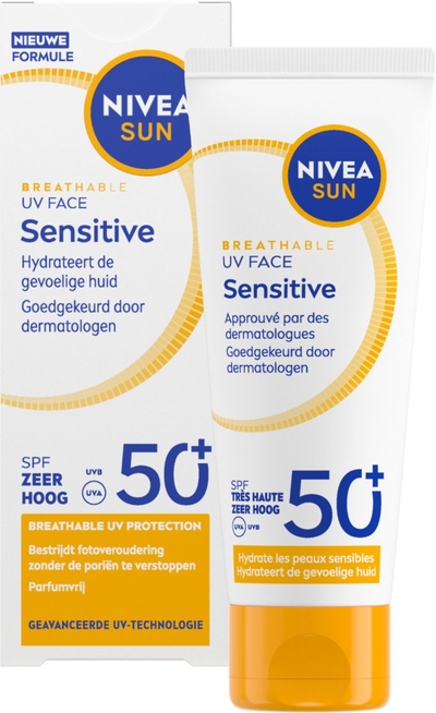NIVEA SUN UV Face Senstive SPF50+ Zonnebrand Gezicht - Voor de Gevoelige Huid - Ademende, Niet Vette Formule - Parfumvrij - 40ml