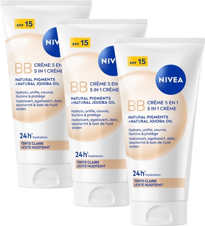 NIVEA Essentials 5in1 BB Dagcrème Licht SPF 15 - BB Cream - Jojoba-olie - Hydrateert en Camoufleert - Gekleurde Dagcrème  3x50 ml