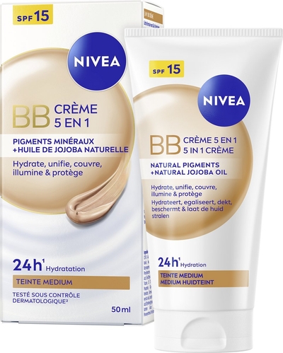 NIVEA Essentials 5in1 BB Dagcrème Medium SPF 15 - BB Cream - Jojoba-olie - Hydrateert en Camoufleert - Gekleurde Dagcrème - 50ml