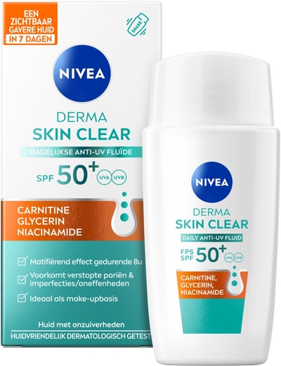 NIVEA Derma Skin Clear Dagelijkse Anti-UV Fluïde SPF50 - Matterend Effect - Dagcreme voor Vrouwen met Niacinamide - Acne Verzorging - 40ml