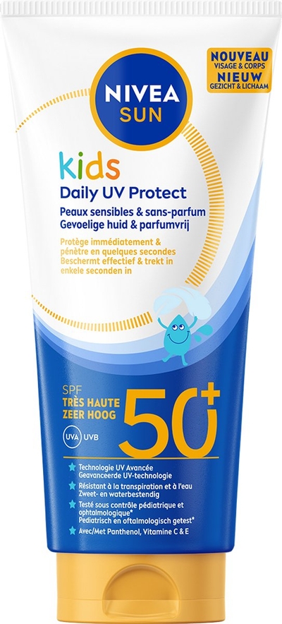 NIVEA Sun Kids Daily UV Protect Zonnebrand SPF50+ - Zonnebrandcrème - Parfumvrij & niet Plakkerig - met Vitamine C&E - 100ml
