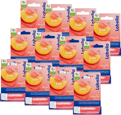 Labello Lippenbalsem Peach Shine - 24u Hydratatie - Hydraterend- voor Gladde en Beschermde lippen  - 12 stuks