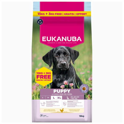 Eukanuba Premium Voeding Puppy Groot & Reuzen ras Kip - 15 + 3 kg gratis! - hondenbrokken