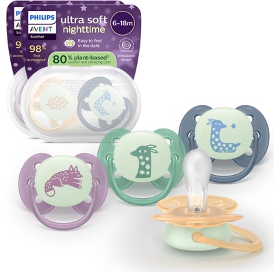 Philips Avent Ultra Soft Nighttime - 6 tot 18 maanden - Glow-in-the-dark fopspeen - 4pack - SCF094/08