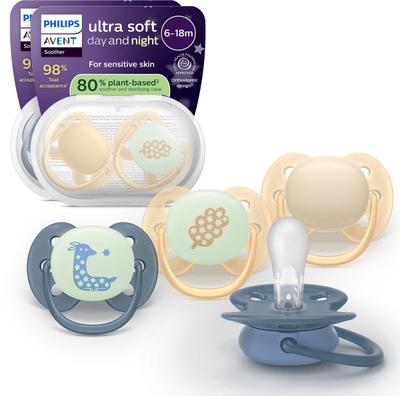 Philips Avent Ultra Soft Nighttime – 6 tot 18 maanden - Glow-in-the-dark fopspeen - 4pack -SCF094/10
