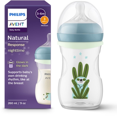 Philips Avent Natural Response Nighttime babyfles 260 ml – Flow 3 – Antikramp – Glow-in-the-dark fles - SCY903/81