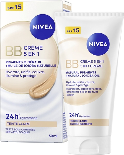 NIVEA Essentials 5in1 BB Dagcrème Licht SPF 15 - BB Cream - Jojoba-olie - Hydrateert en Camoufleert - Gekleurde Dagcrème - 50 ml