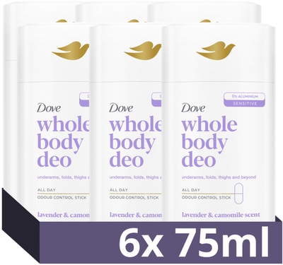 Dove Whole Body Deodorant Stick - Lavender & Camomile - de formule met frisse geur, voedende oliën en glycerine bevat 0% aluminiumzouten - 6 x 75 ml