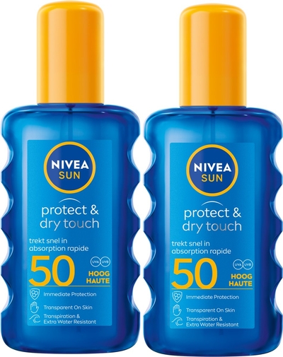 NIVEA SUN Protect & Dry Touch Transparante Zonnebrand Spray - SPF 50 - Trekt snel in - Zonnespray - Waterbestendig - Duopack - 2x 200 ml