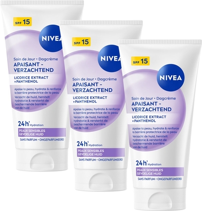 NIVEA Essentials Verzachtende Dagcrème voor Vrouwen - Gevoelige Huid SPF15 - Moisturizer - Parfumvrij - Met Zoethoutextract - SPF15 3x 50ml
